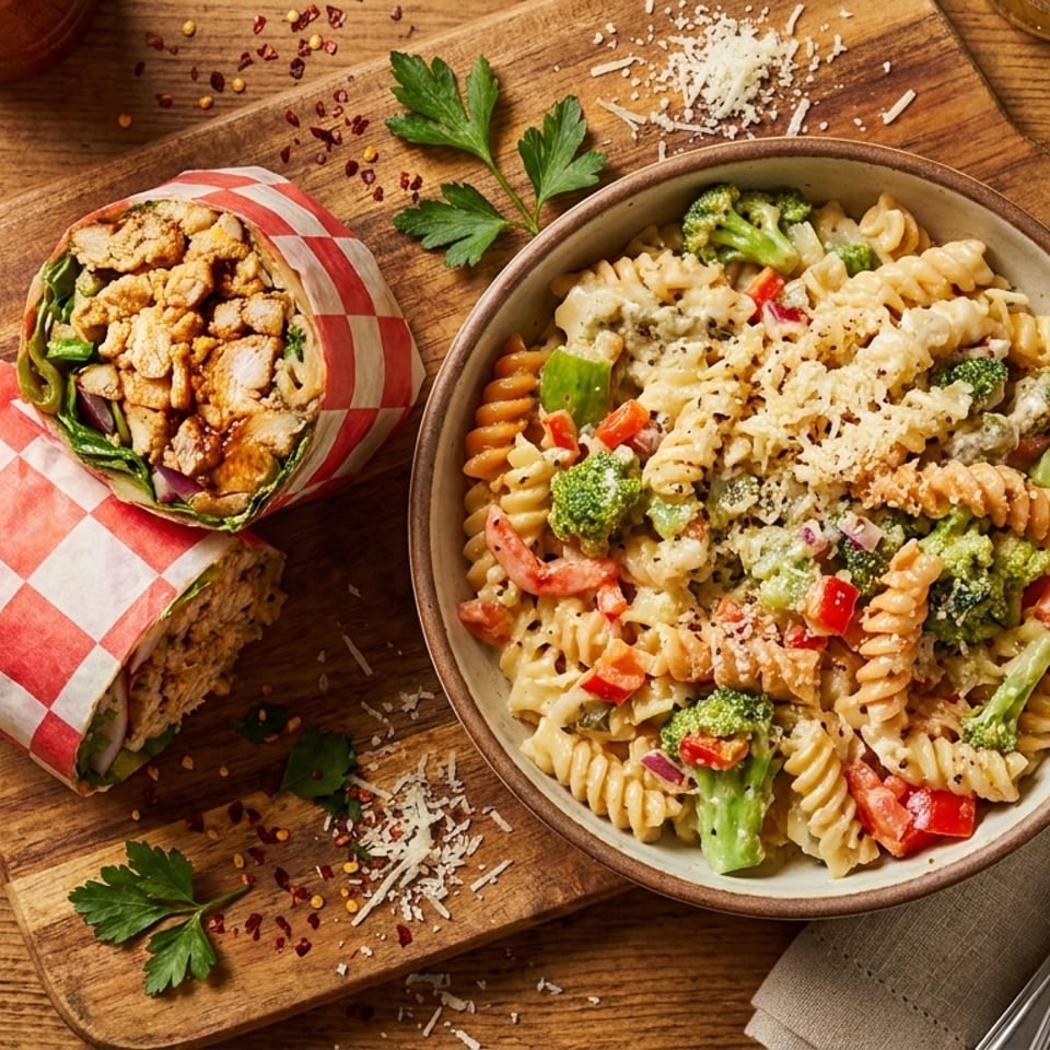Chicken wrap in red checkered paper next to a bowl of pasta salad with broccoli and peppers.