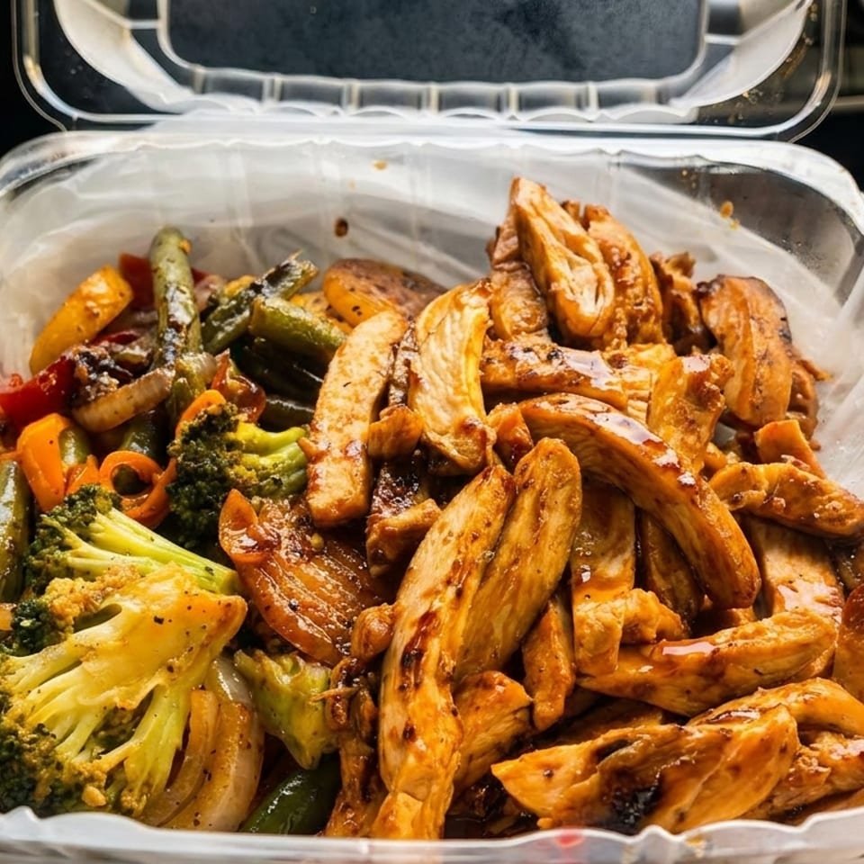 Takeout container of grilled chicken strips and mixed vegetables, including broccoli, peppers, and onions.