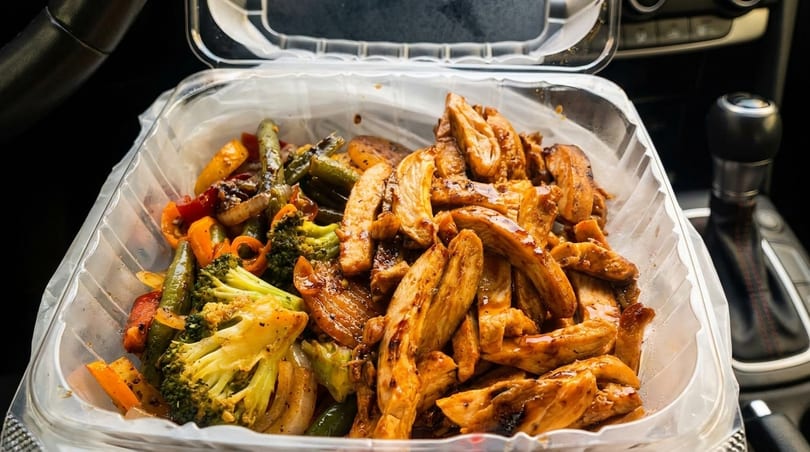 Takeout container of grilled chicken strips and mixed vegetables, including broccoli, peppers, and onions.