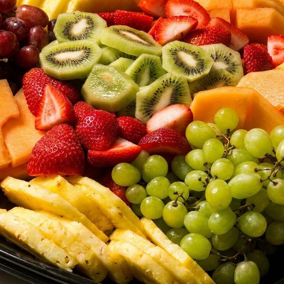 A vibrant fruit platter with red grapes, green grapes, kiwi, strawberries, cantaloupe, and pineapple.