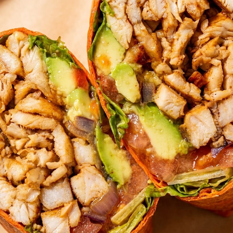 Two halves of a chicken wrap with avocado, lettuce, and tomatoes on a brown surface.