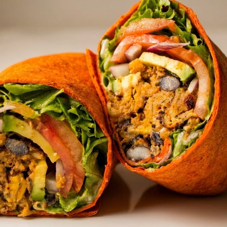 Two halves of a vibrant orange wrap filled with lettuce, tomatoes, avocado, and a savory bean mixture.