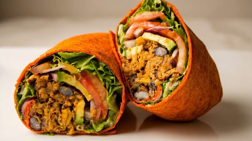 Two halves of a vibrant orange wrap filled with lettuce, tomatoes, avocado, and a savory bean mixture.