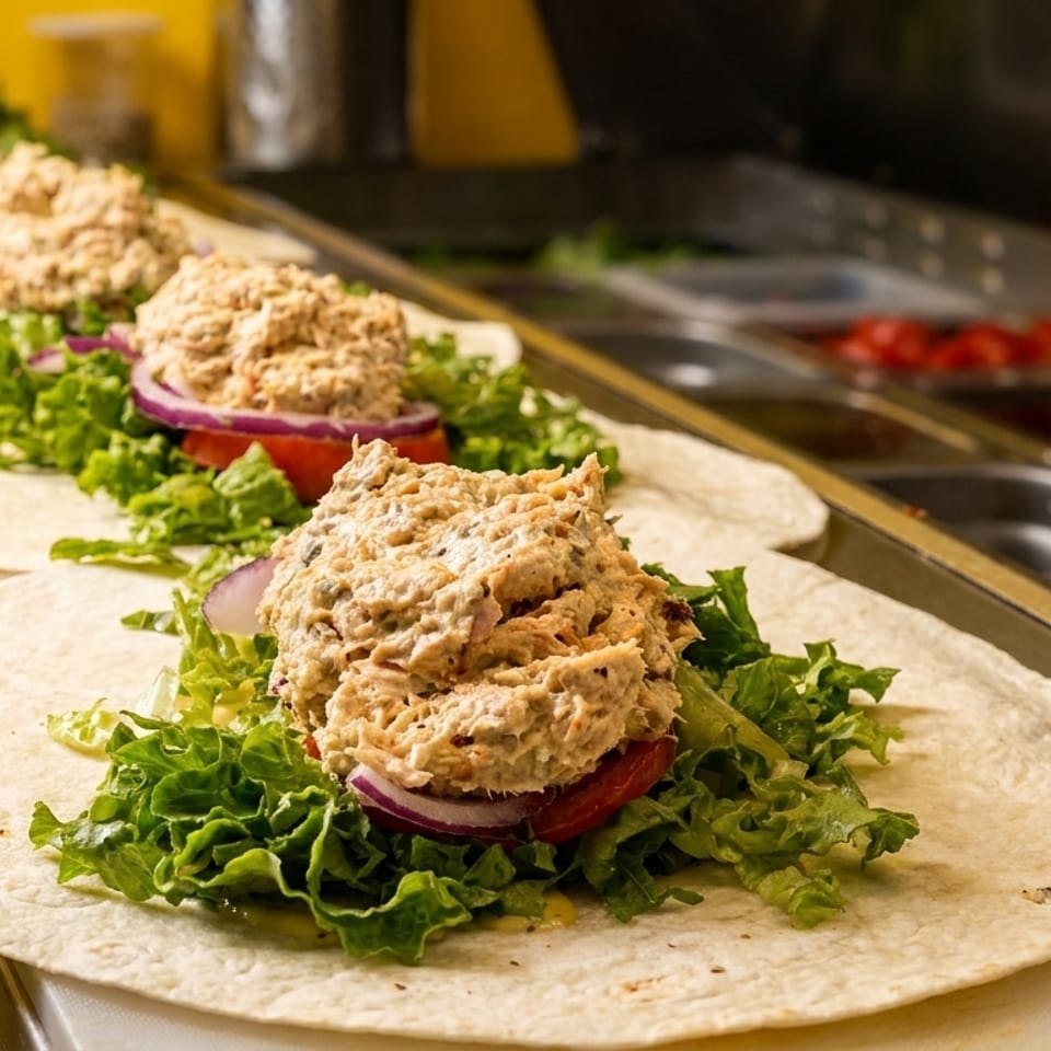 Multiple tuna salad wraps with lettuce, tomato, and red onion on a counter next to ingredient bins.